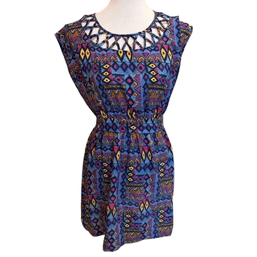 Forever 21 Blue & Purple Geometric Cutout Neck Mini Dress